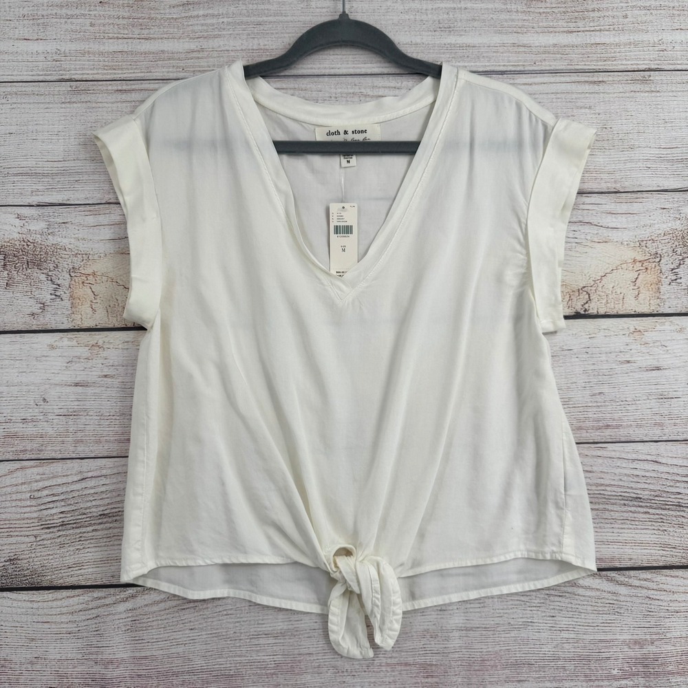 Cloth & Stone Tie‎ Front Top Women Size M Ivory V-Neck Tencel R4468-654 NEW
